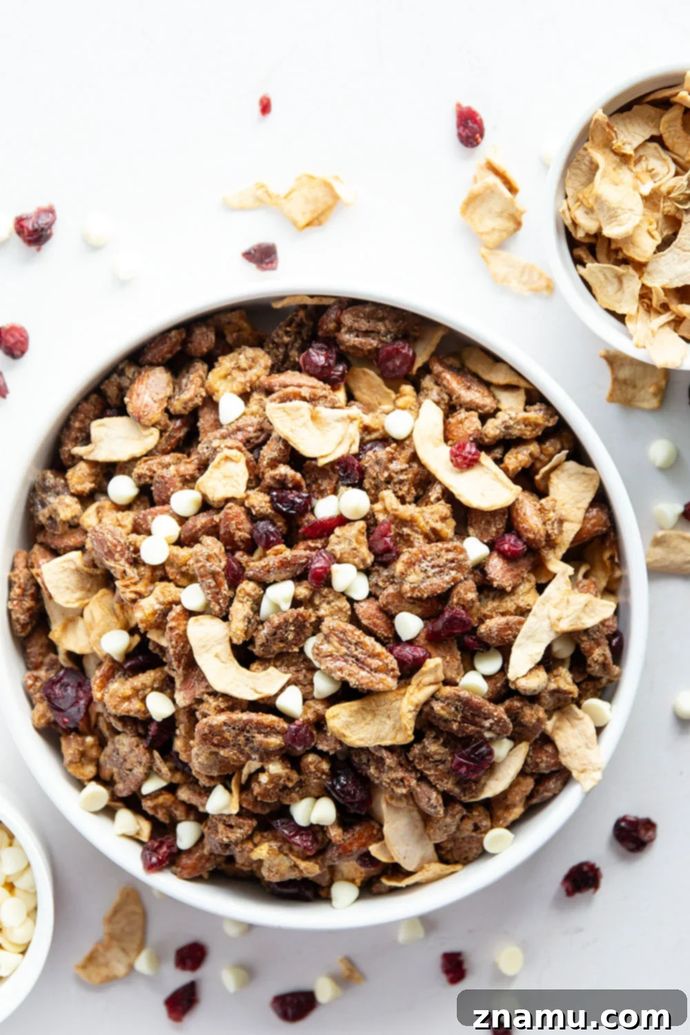 Sweet & Tangy Orchard Crunch 2 A vibrant mix of candied nuts, dried cranberries, and dried apples, artfully arranged for a tempting snack.