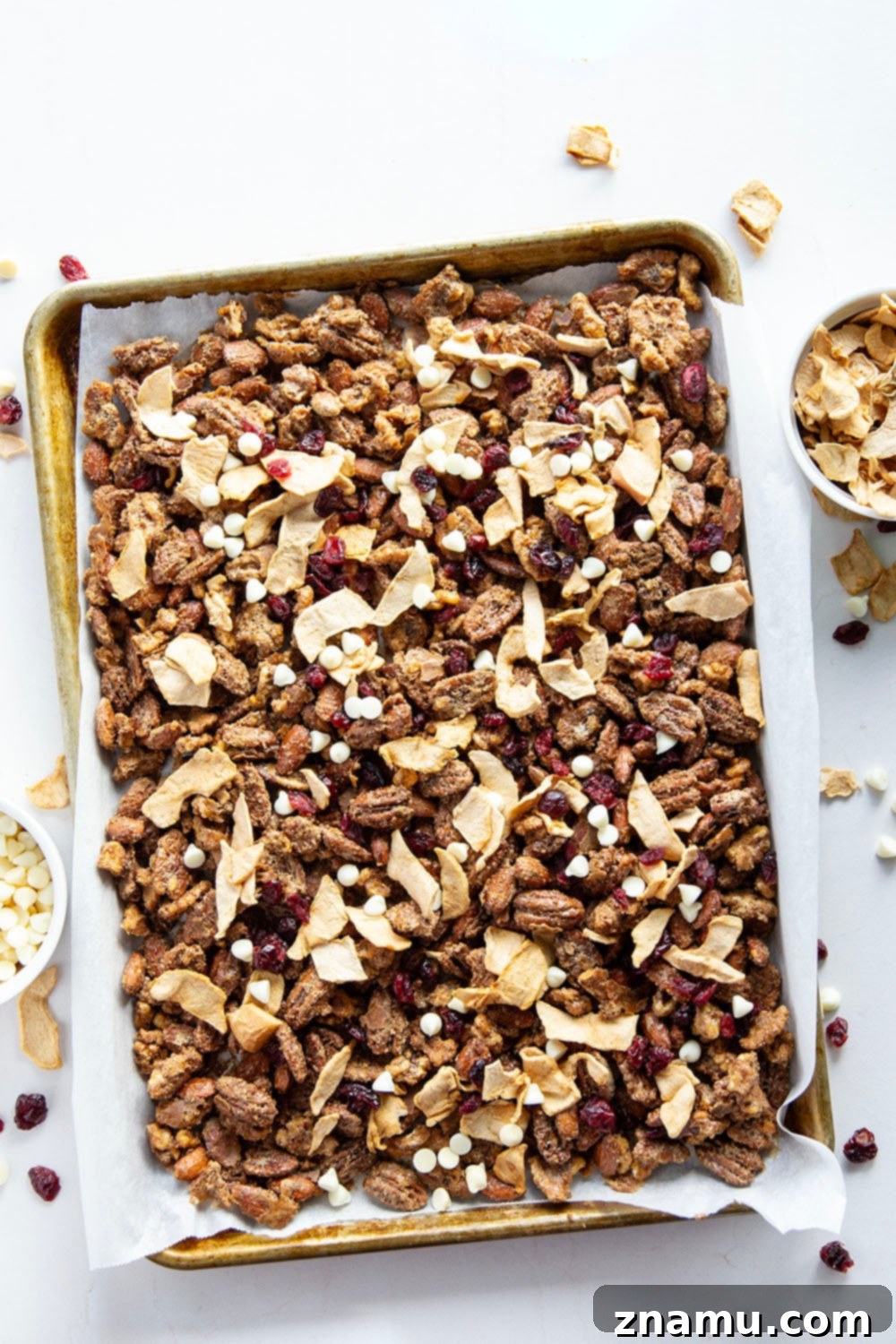 Sweet & Tangy Orchard Crunch 3 Close-up of the delicious candied nut mix, highlighting the glistening coating and colorful dried fruits.