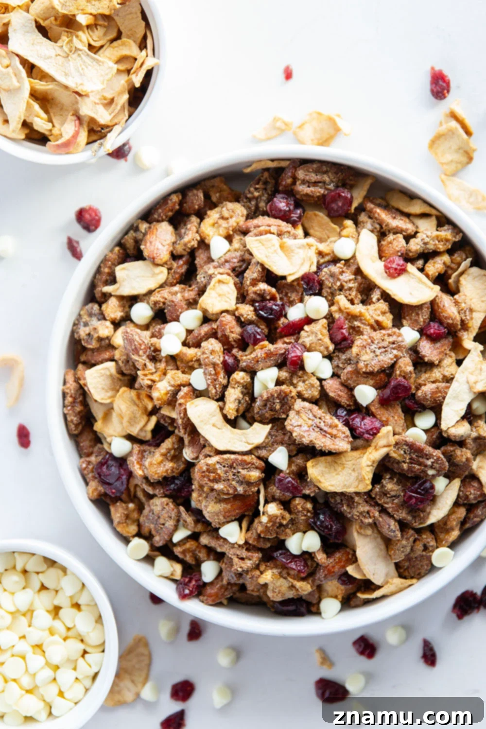 Sweet & Tangy Orchard Crunch 5 A generous serving of the homemade candied nut and dried fruit mix, perfect for snacking.