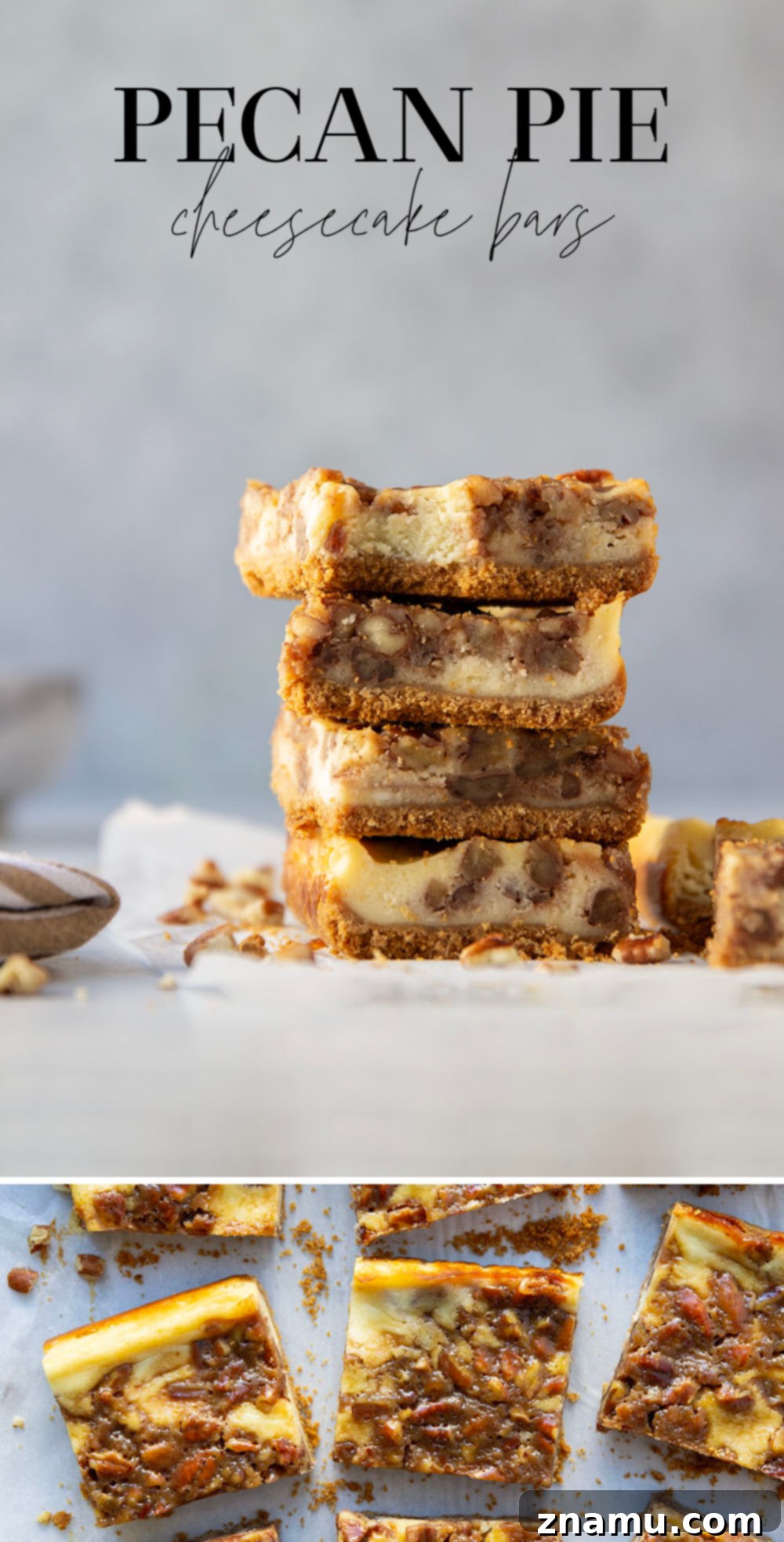 Honeyed Pecan Cheesecake Reverie 7 Silky cheesecake and a luxurious honey pecan pie topping are the perfect duo in these pecan pie cheesecake bars! They make a great addition to any holiday dessert table.