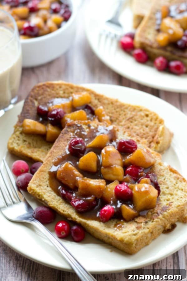Spiced Eggnog French Toast with Tart Cranberry Apple Syrup 3 Fluffy Eggnog French Toast with Fruit Syrup Drizzle