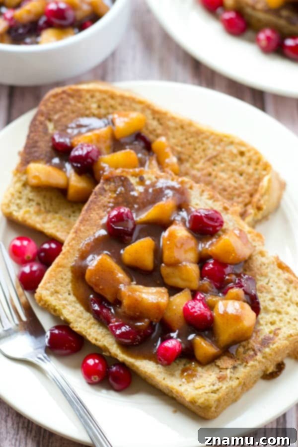 Spiced Eggnog French Toast with Tart Cranberry Apple Syrup 4 Golden Eggnog French Toast with Syrup and Fresh Fruit