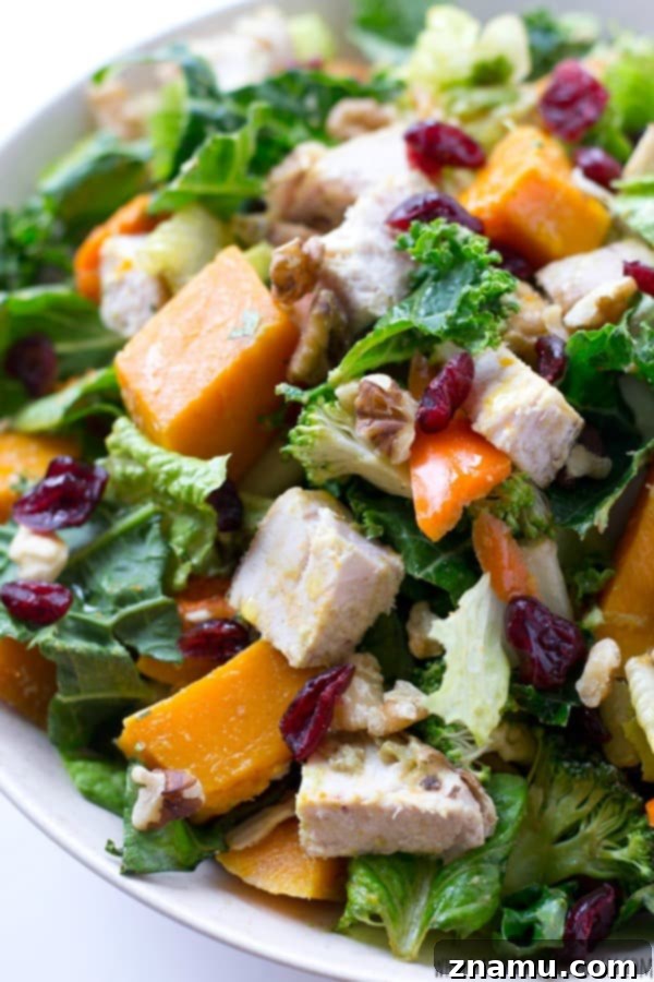 Harvest Gold Turkey Toss 3 A vibrant, fresh tossed salad with butternut squash and turkey.