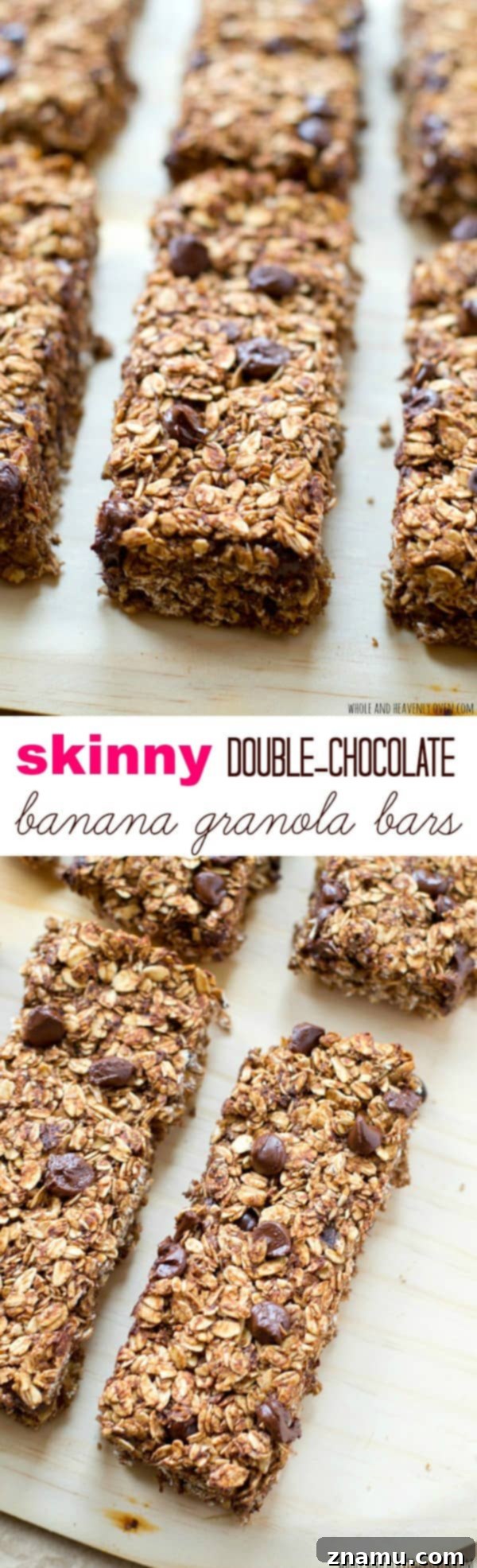 A hand reaching for a healthy homemade banana chocolate granola bar, emphasizing their irresistible appeal. @WholeHeavenly