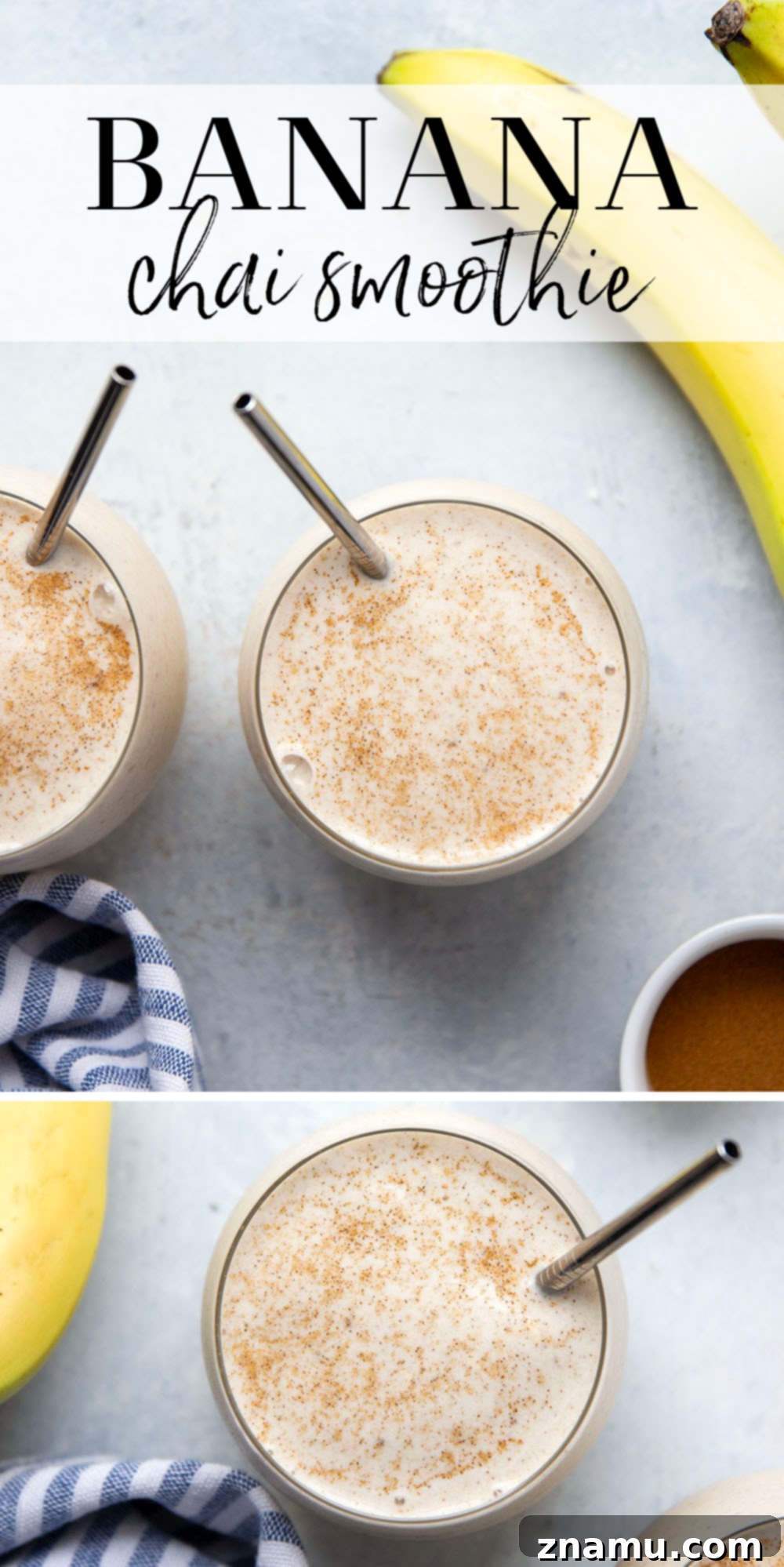 Spiced Banana Bliss Smoothie 7 A vibrant and appealing photo of a banana chai smoothie served in a clear glass, with a straw, emphasizing its refreshing and wholesome qualities.