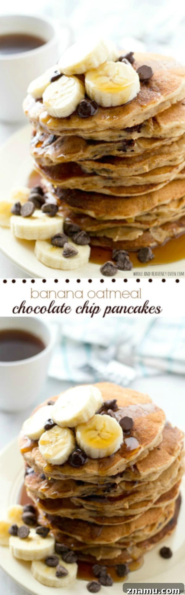 Hearty Banana Oatmeal Chocolate Chip Pancakes 8 An incredibly tall stack of banana oatmeal chocolate chip pancakes, drenched in maple syrup