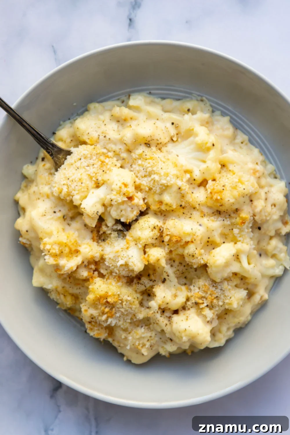 Creamy Cauliflower Mac 2 Close-up of a serving of golden-brown cauliflower mac and cheese with toasted panko breadcrumbs.