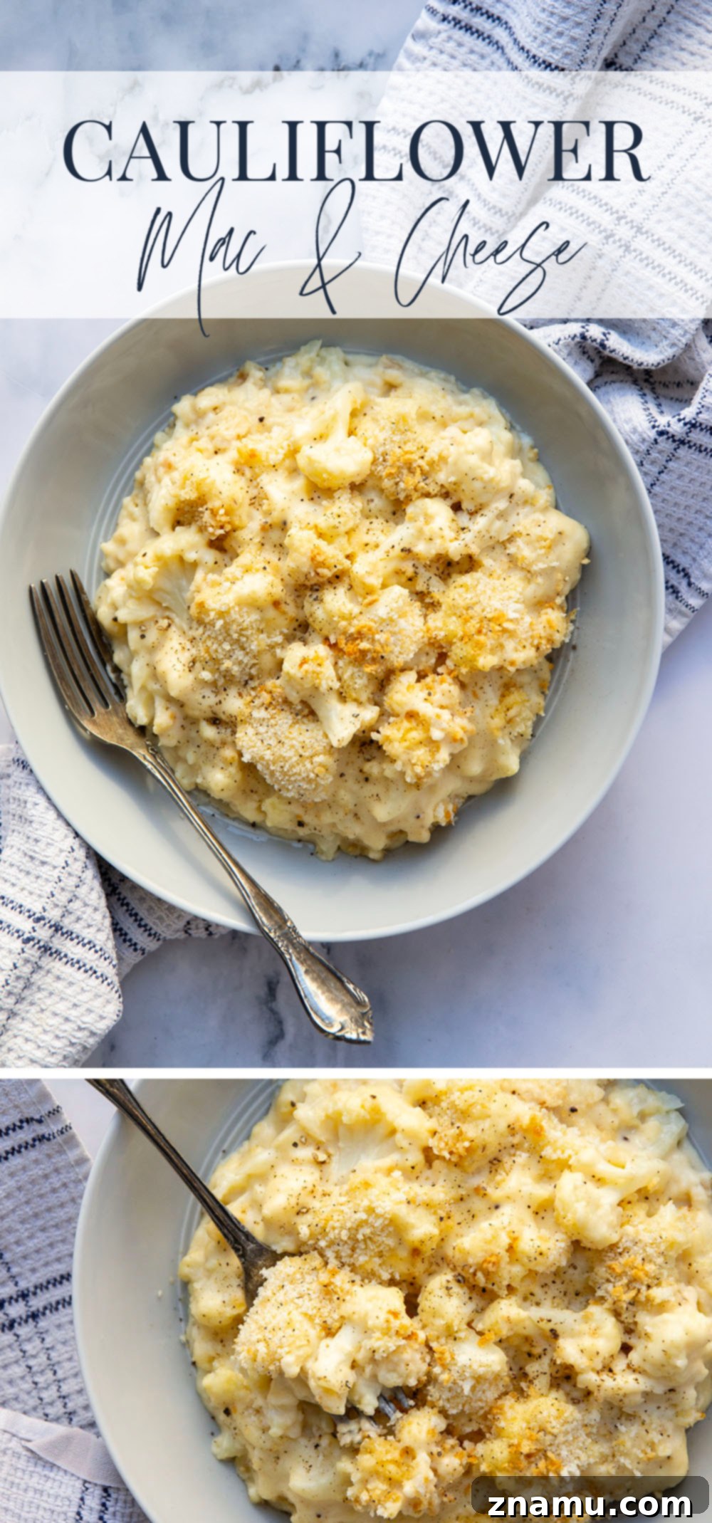 Creamy Cauliflower Mac 7 Large baking dish of cauliflower mac and cheese with a serving spoon, garnished with fresh herbs.