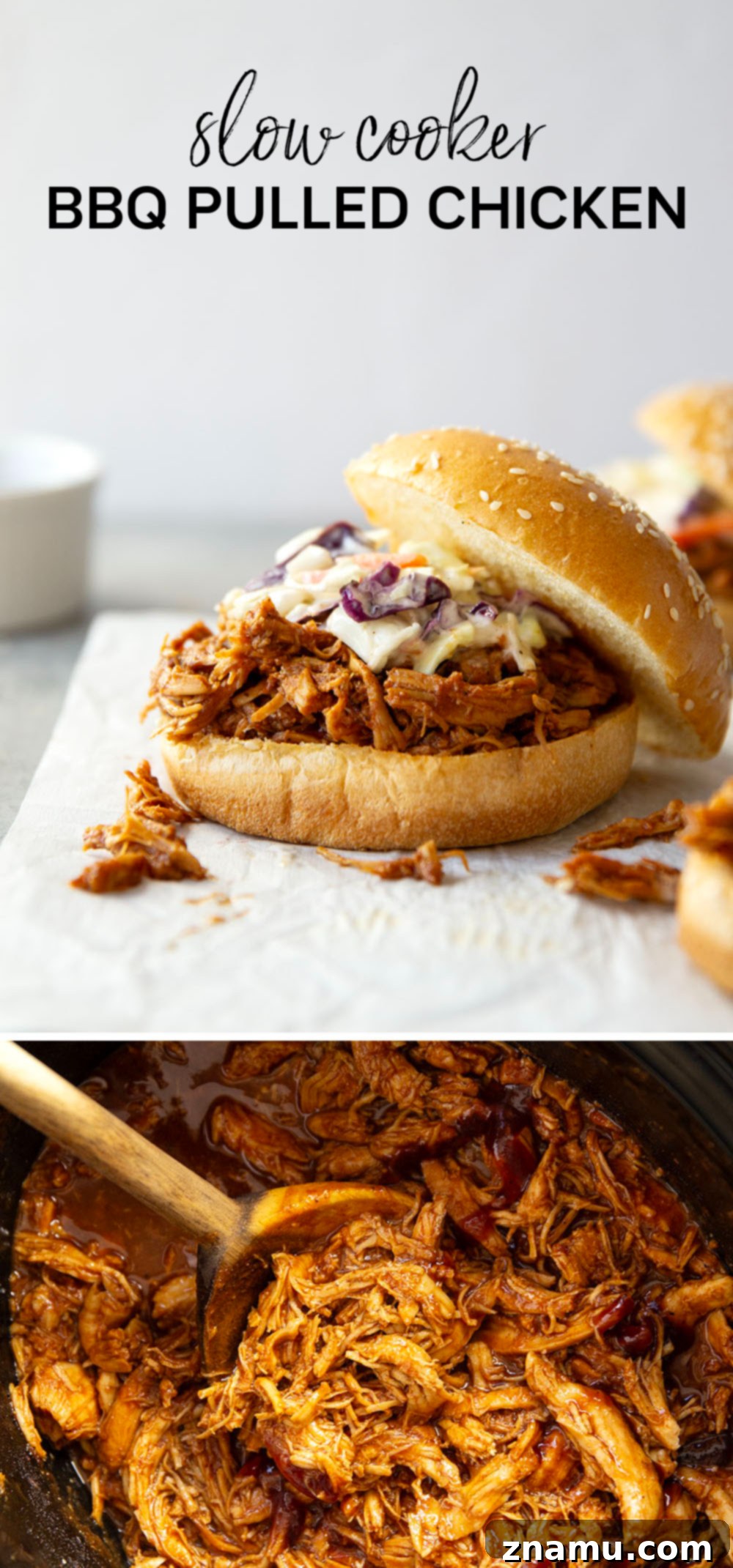 Effortless Slow Cooker BBQ Pulled Chicken 7 Multiple servings of slow cooker BBQ pulled chicken on plates, ready to eat.