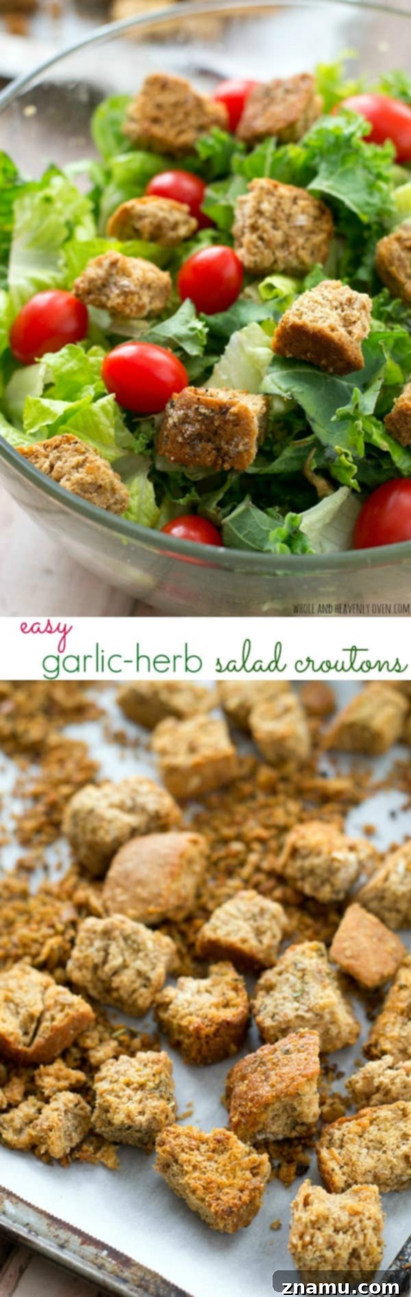 Quick Homemade Garlic-Herb Croutons 8 Learn how to make your own croutons to perk up that lunch salad! Perfectly crisp and crunchy and filled with garlicky-herb flavors. @WholeHeavenly
