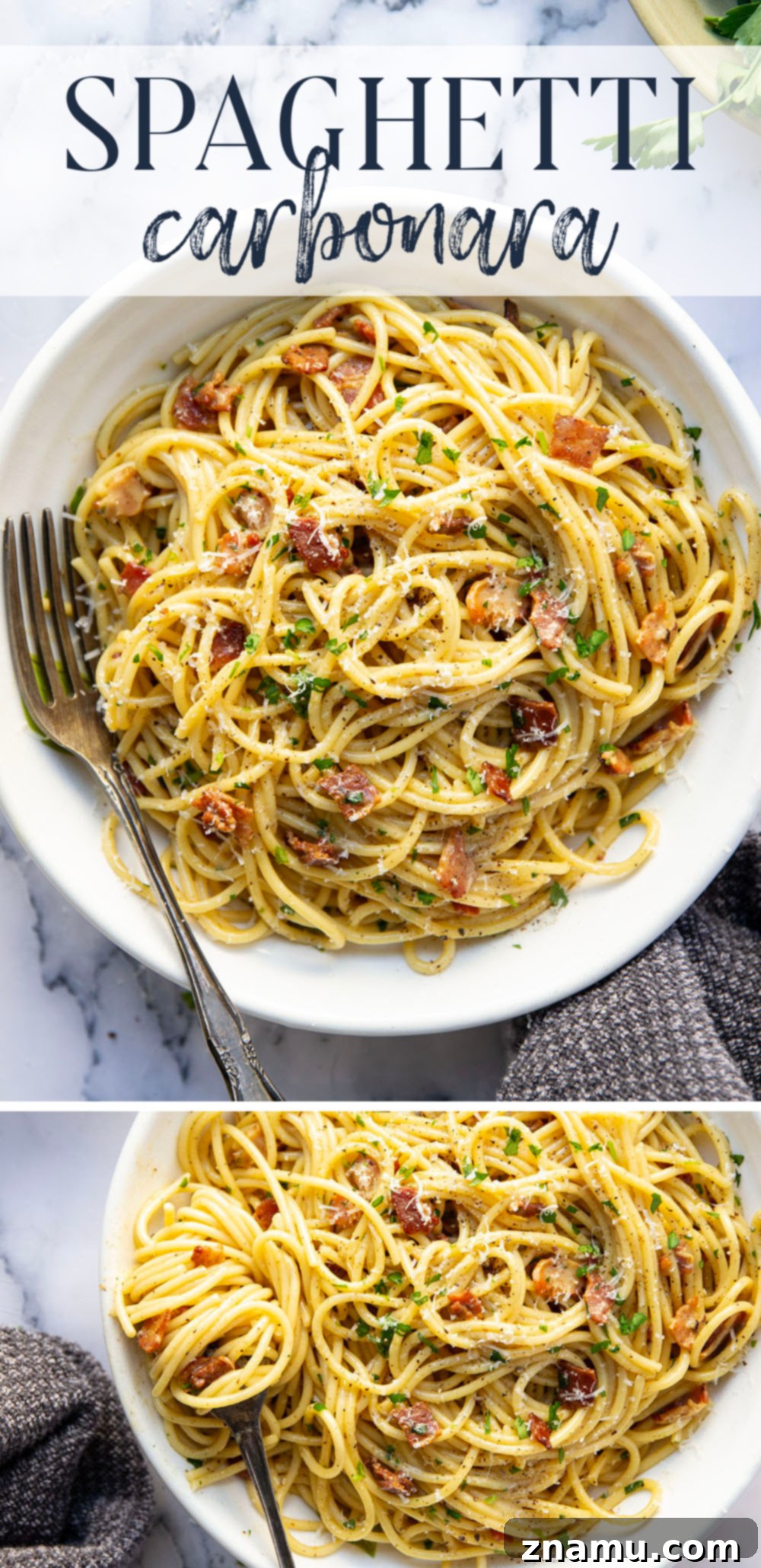 Ultimate Bacon Spaghetti Carbonara 7 This classic spaghetti carbonara features crispy bacon bits and tender spaghetti noodles in a rich and creamy Parmesan egg sauce. Ready in minutes and goes well with any meal!