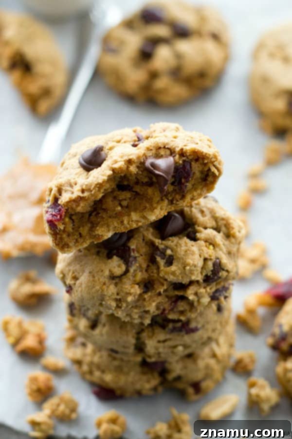 Sunrise Peanut Butter Granola Bites 5 A stack of golden brown peanut butter granola breakfast cookies, ready to be enjoyed.