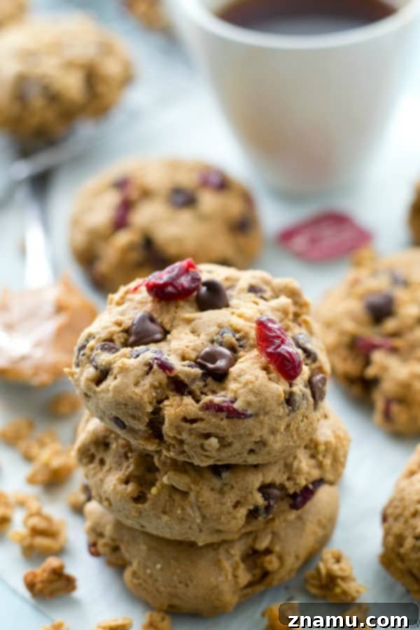 Sunrise Peanut Butter Granola Bites 6 Peanut butter granola breakfast cookies arranged on a wooden board with a glass of milk.