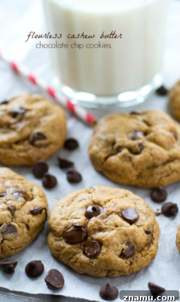 Irresistibly chewy flourless cashew butter chocolate chip cookies, baked in just 15 minutes with 6 simple ingredients. Perfect for a quick, indulgent treat.
