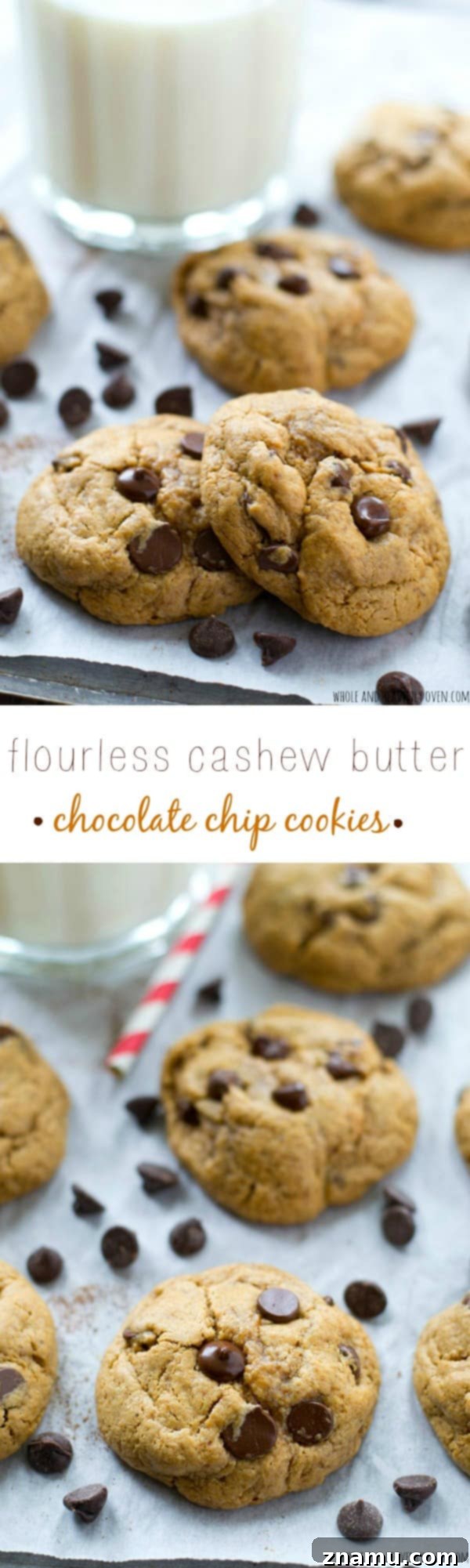A stack of golden brown flourless cashew butter chocolate chip cookies, ready to be enjoyed.