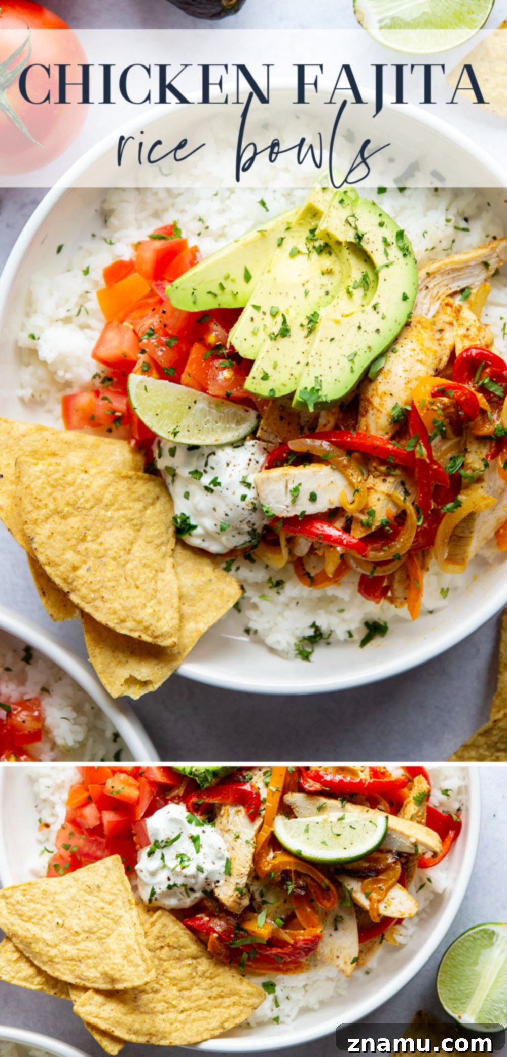 Zesty Chicken Fajita Rice Bowls 7 Everything you love about classic chicken fajitas are piled into these chicken fajita rice bowls that are made on a sheet pan for less mess and easy to meal prep!