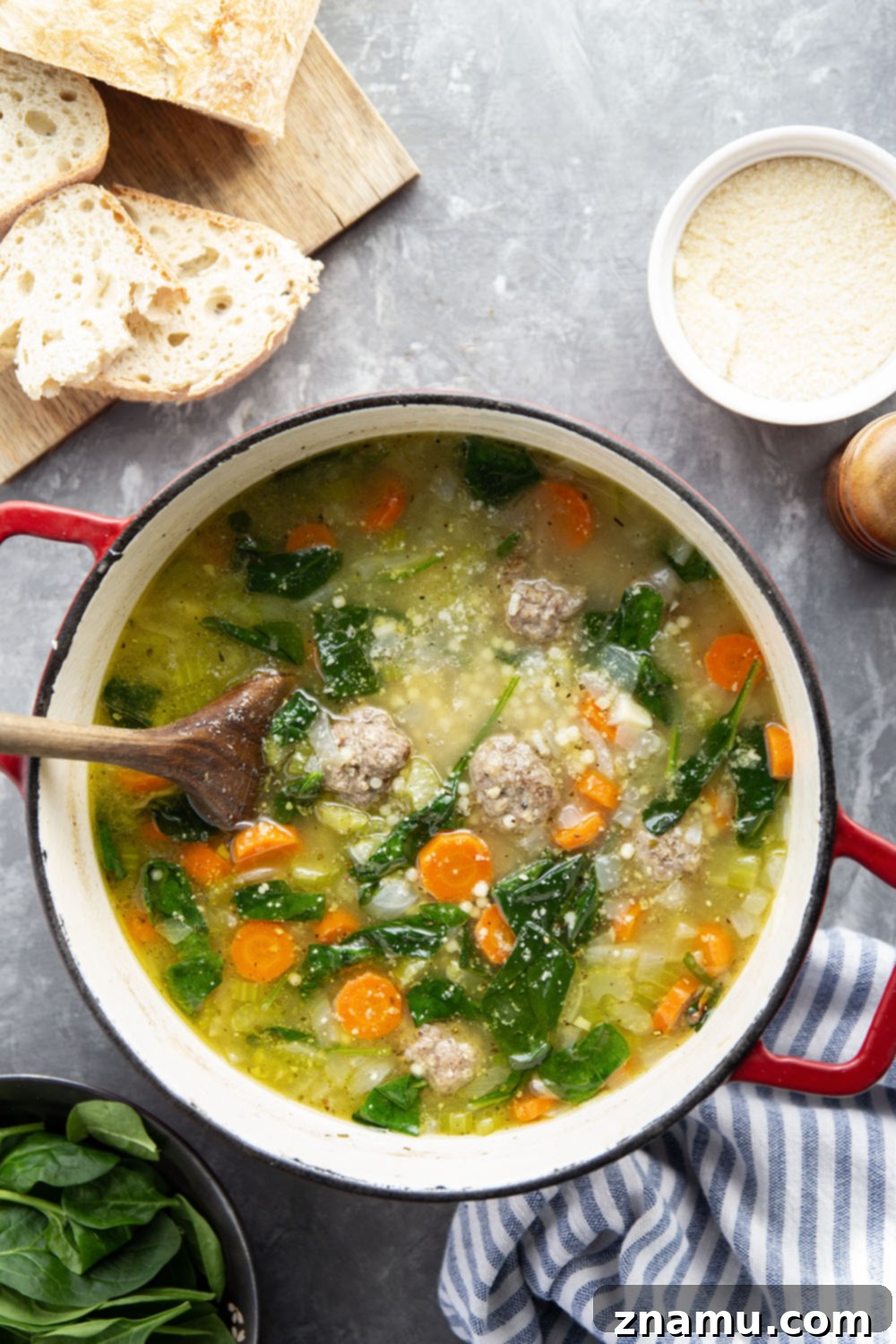 Classic Italian Wedding Soup 5 This hearty Italian wedding soup is packed full of juicy Italian sausage meatballs, tender pasta, and lots of veggies in a rich broth. Top bowls with lots of Parmesan and serve with thick bread slices for dipping.