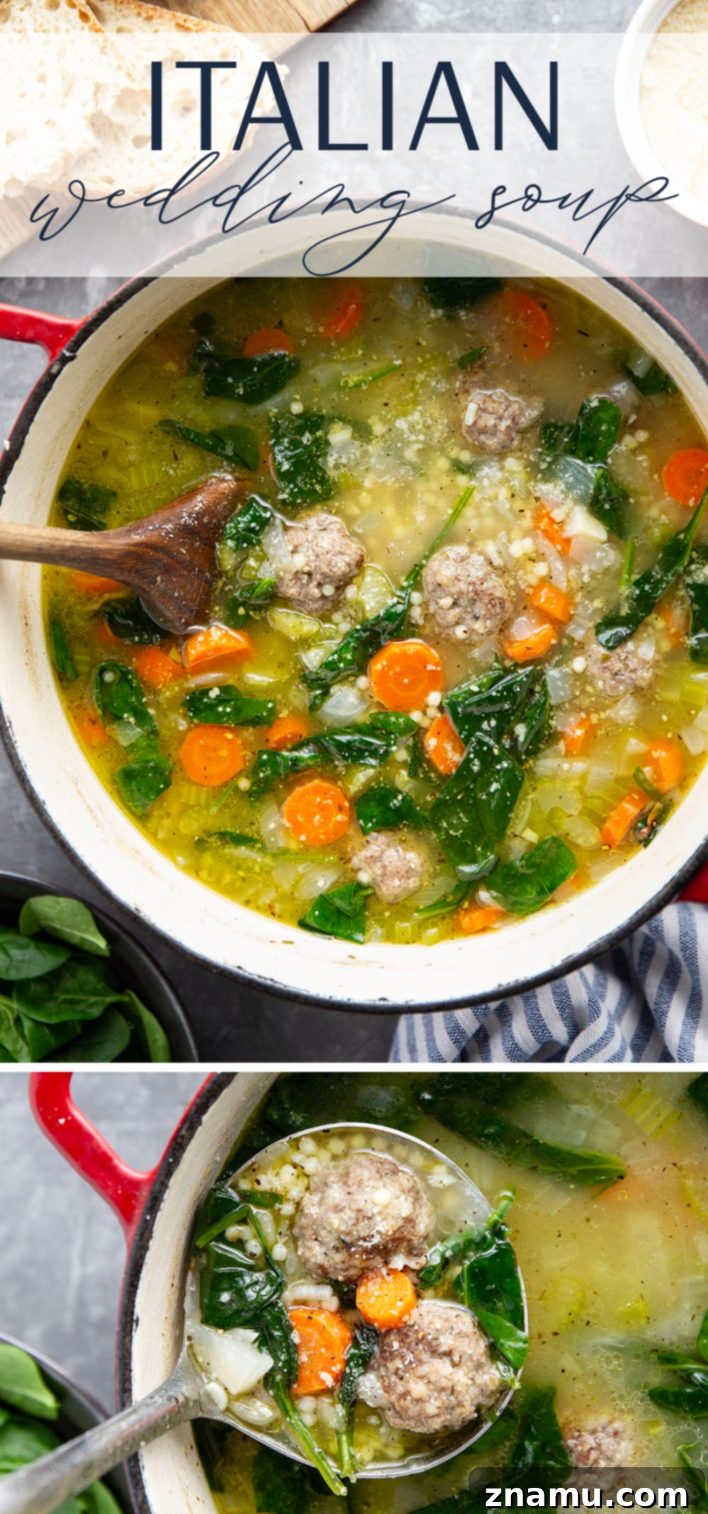 Classic Italian Wedding Soup 7 This hearty Italian wedding soup is packed full of juicy Italian sausage meatballs, tender pasta, and lots of veggies in a rich broth. Top bowls with lots of Parmesan and serve with thick bread slices for dipping.