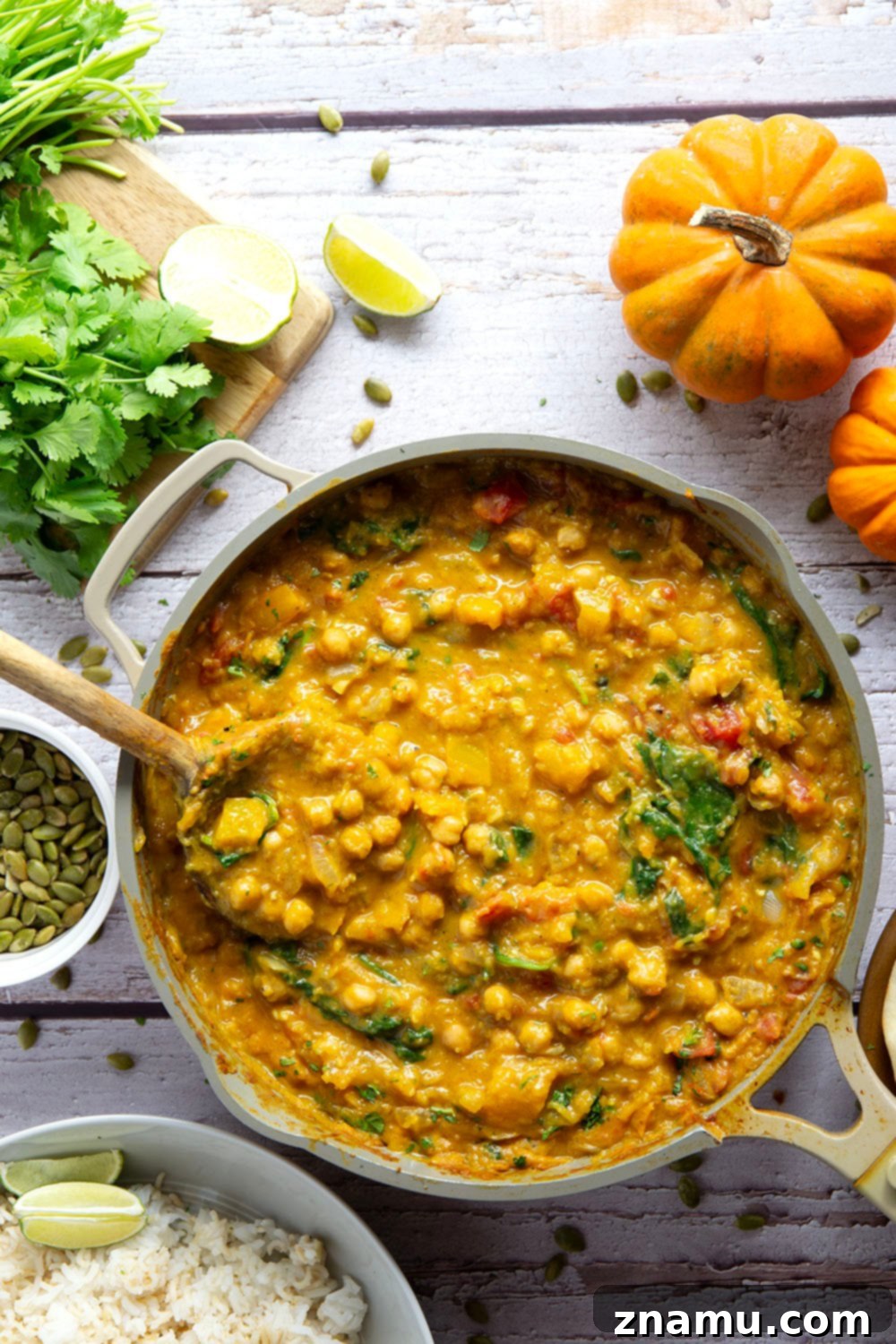 Heartwarming Roasted Pumpkin Chickpea Curry 4 Creamy roasted pumpkin and tender chickpeas make for the best combination in this fall-flavored pumpkin chickpea curry that's vegetarian and vegan-friendly!