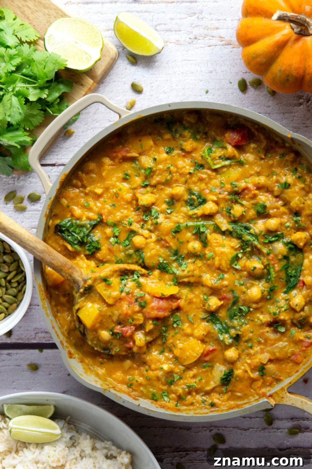 Heartwarming Roasted Pumpkin Chickpea Curry 5 Creamy roasted pumpkin and tender chickpeas make for the best combination in this fall-flavored pumpkin chickpea curry that's vegetarian and vegan-friendly!