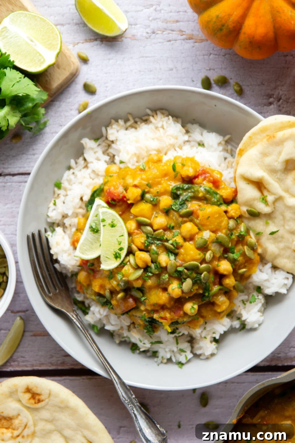 Heartwarming Roasted Pumpkin Chickpea Curry 6 Creamy roasted pumpkin and tender chickpeas make for the best combination in this fall-flavored pumpkin chickpea curry that's vegetarian and vegan-friendly!