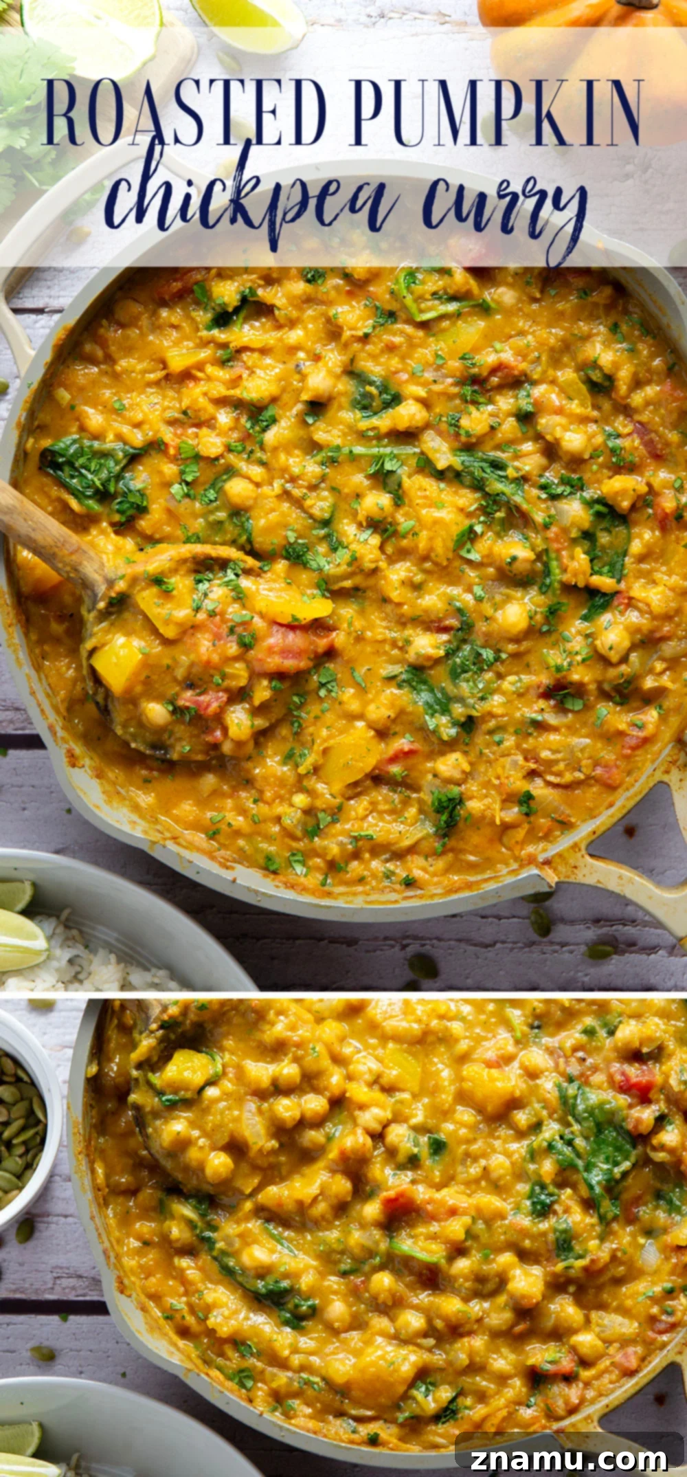 Heartwarming Roasted Pumpkin Chickpea Curry 7 Creamy roasted pumpkin and tender chickpeas make for the best combination in this fall-flavored pumpkin chickpea curry that's vegetarian and vegan-friendly!