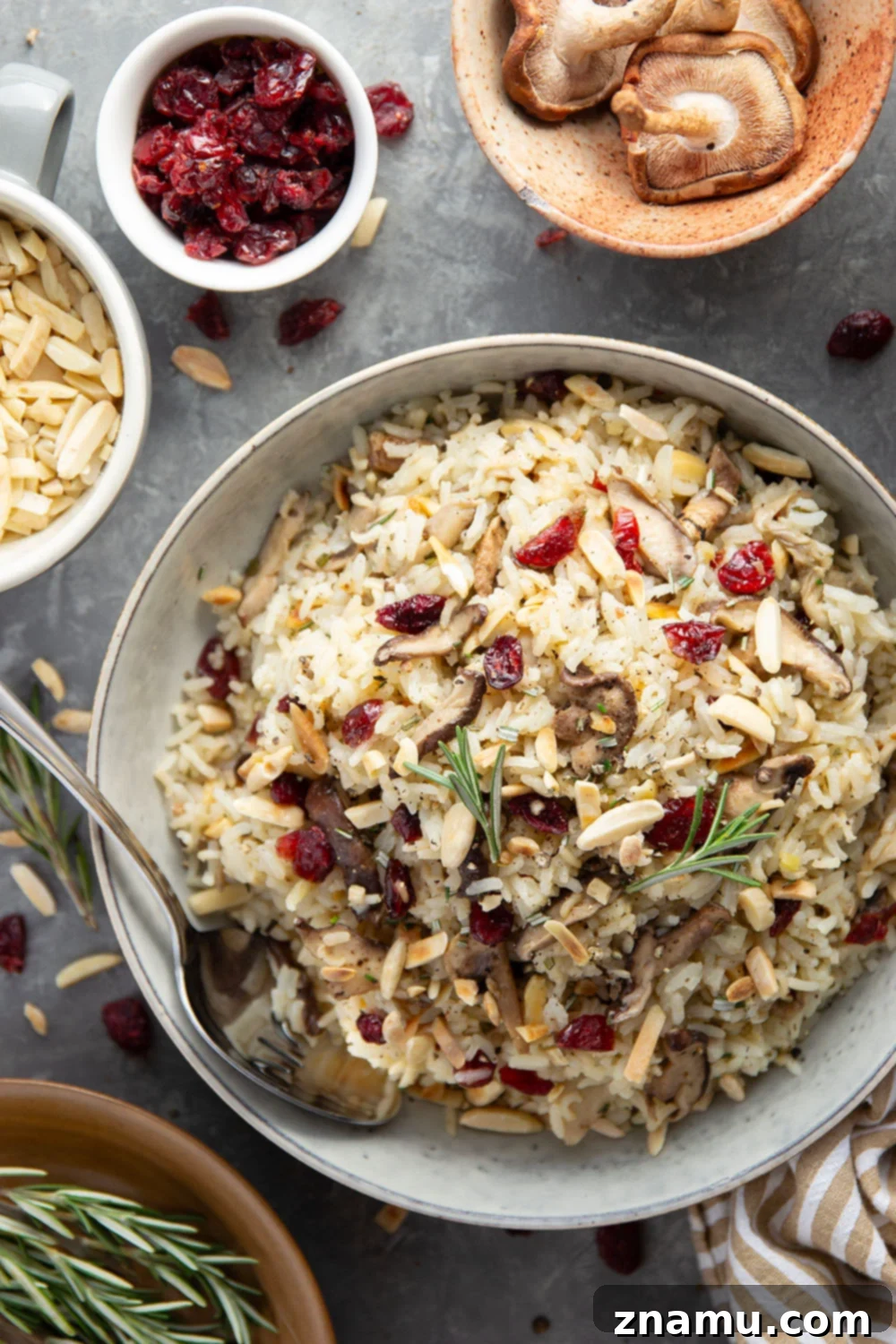 Forest-Foraged Mushroom Pilaf 2 A close-up shot of a steaming bowl of Wild Mushroom Rice Pilaf, showcasing tender mushrooms, cranberries, and slivered almonds.