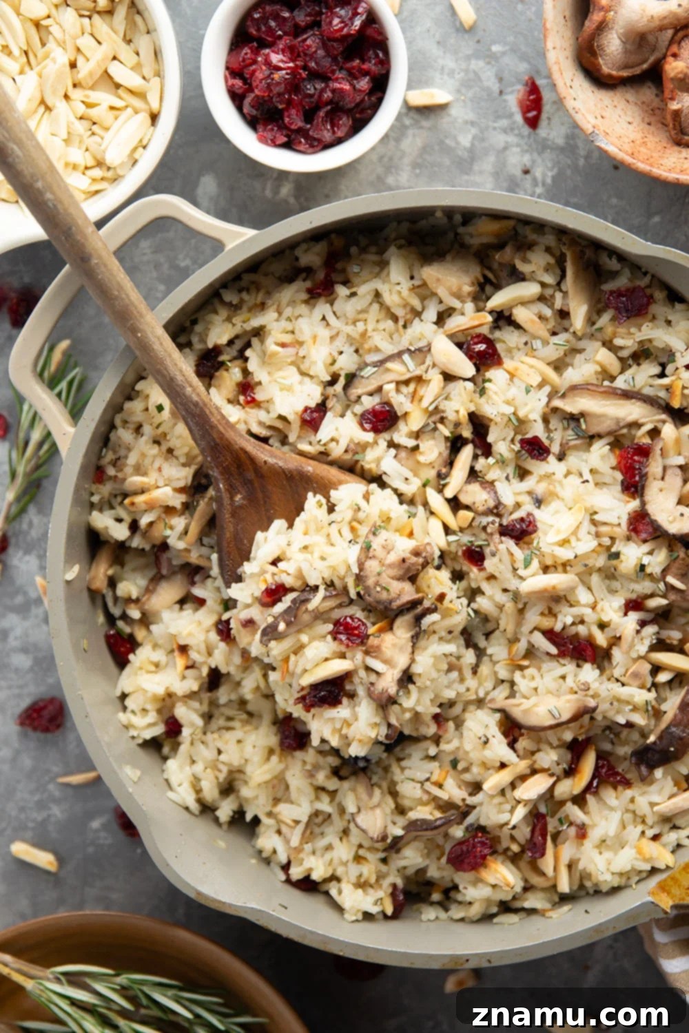 Forest-Foraged Mushroom Pilaf 6 A beautifully plated serving of Wild Mushroom Rice Pilaf, garnished with fresh herbs.