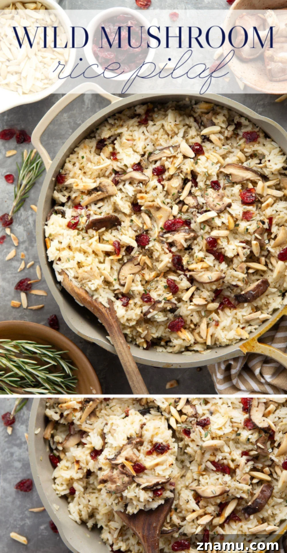 Forest-Foraged Mushroom Pilaf 7 An overhead shot of a large pot of freshly cooked Wild Mushroom Rice Pilaf, ready to be served.