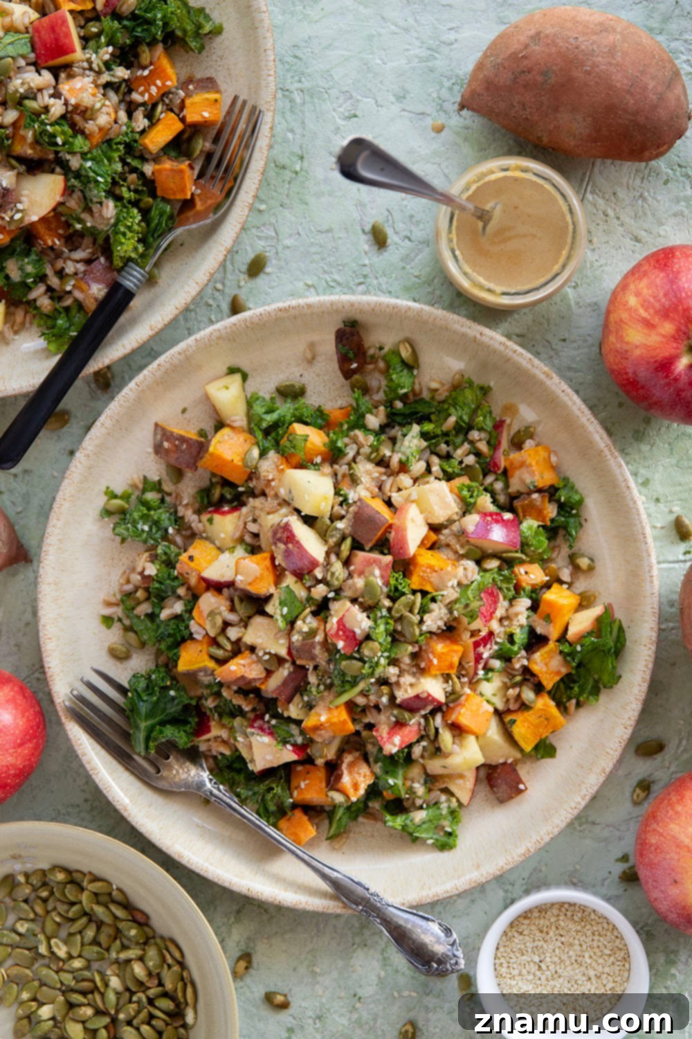 Golden Roasted Sweet Potato Farro Salad with Savory Sesame Drizzle 2 A vibrant fall salad featuring tender roasted sweet potatoes, a mix of hearty farro, fresh kale, and crisp apple slices, generously coated in a creamy sesame dressing.