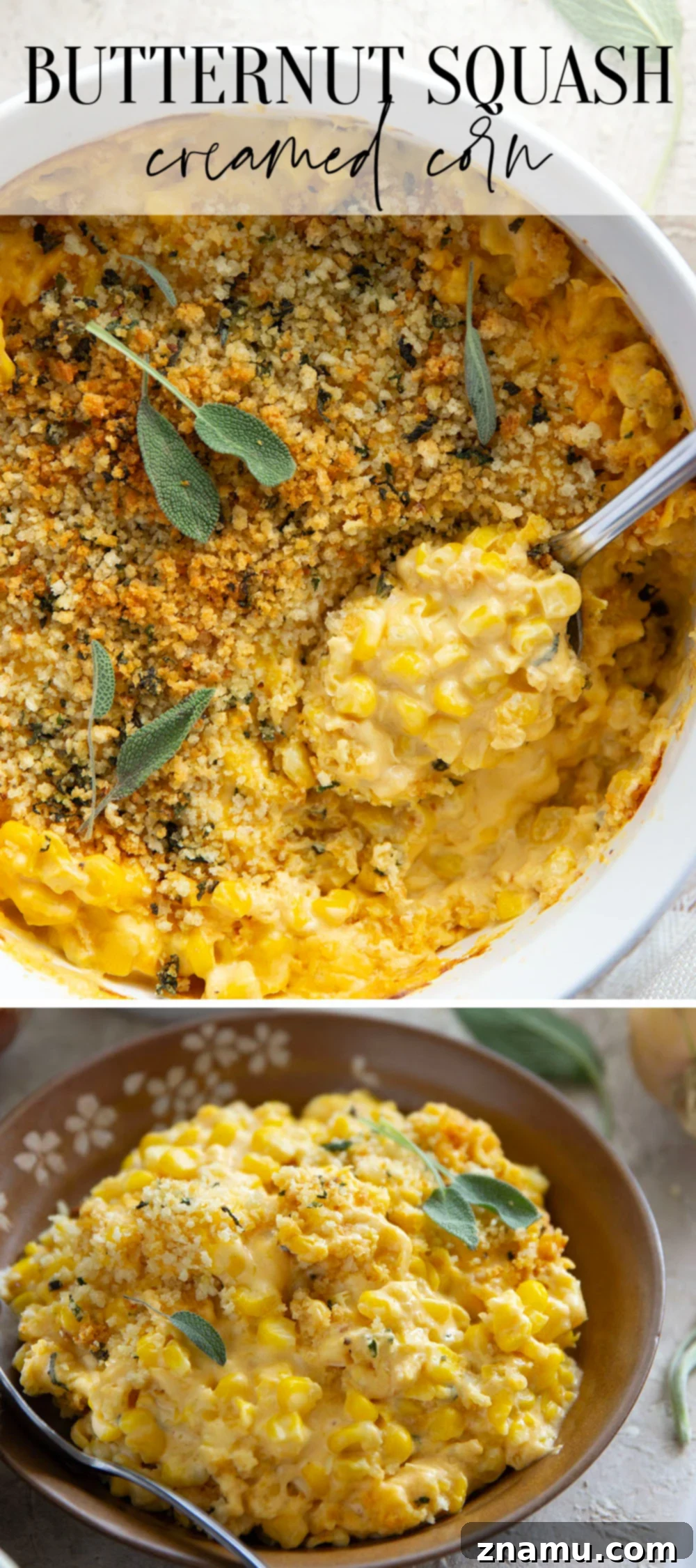 Golden Butternut Creamed Corn 7 A beautifully presented serving of butternut squash creamed corn, garnished with fresh herbs, ready for a holiday meal.