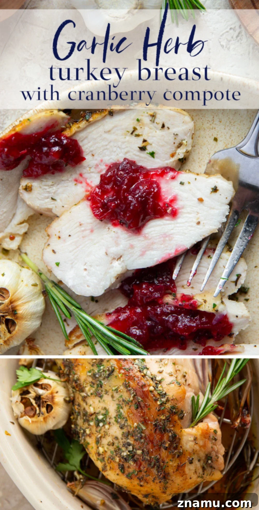 Plated garlic herb turkey breast with roasted potatoes and green beans