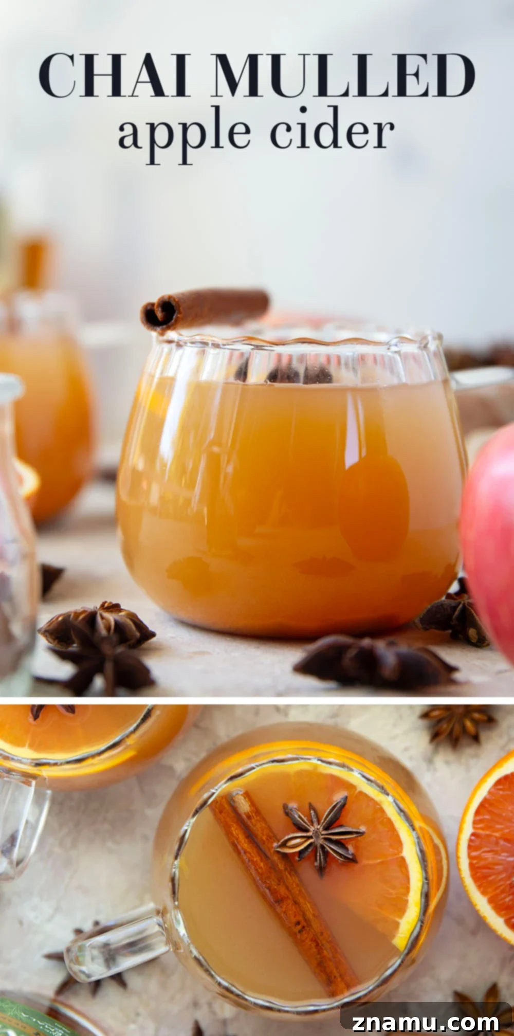 Chai-Spiced Apple Cider 7 Overhead shot of a pot of Chai Mulled Apple Cider with glasses ready to be filled.