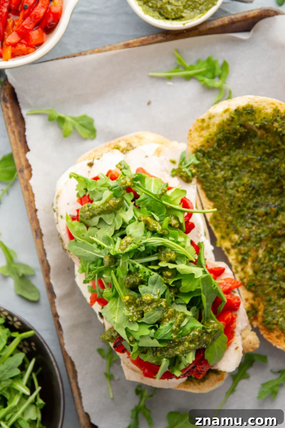 Mozzarella, Turkey & Pesto Panini 3 Close-up of Turkey Pesto Sandwich Ingredients