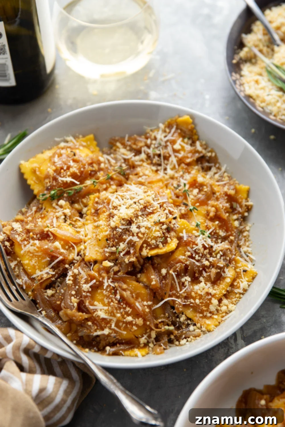Caramelized Onion Ravioli with Crispy Asiago Crumbs 2 French Onion Ravioli with Caramelized Onions and Asiago Breadcrumbs