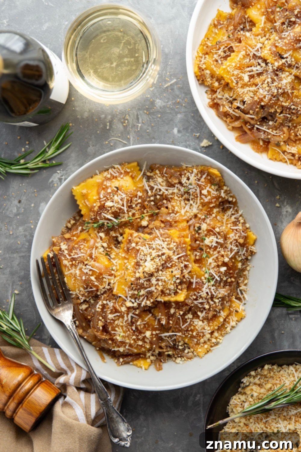 Caramelized Onion Ravioli with Crispy Asiago Crumbs 5 Close-up of Caramelized Onions in a Skillet