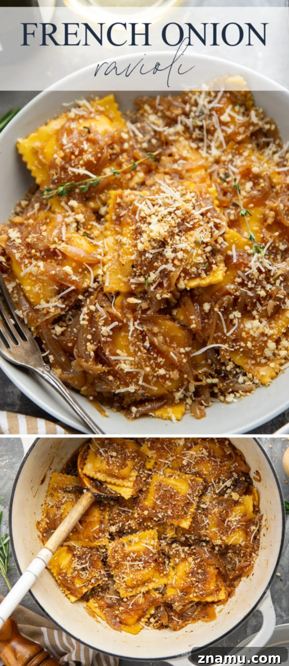 Caramelized Onion Ravioli with Crispy Asiago Crumbs 7 Overhead View of French Onion Ravioli with Asiago Breadcrumbs