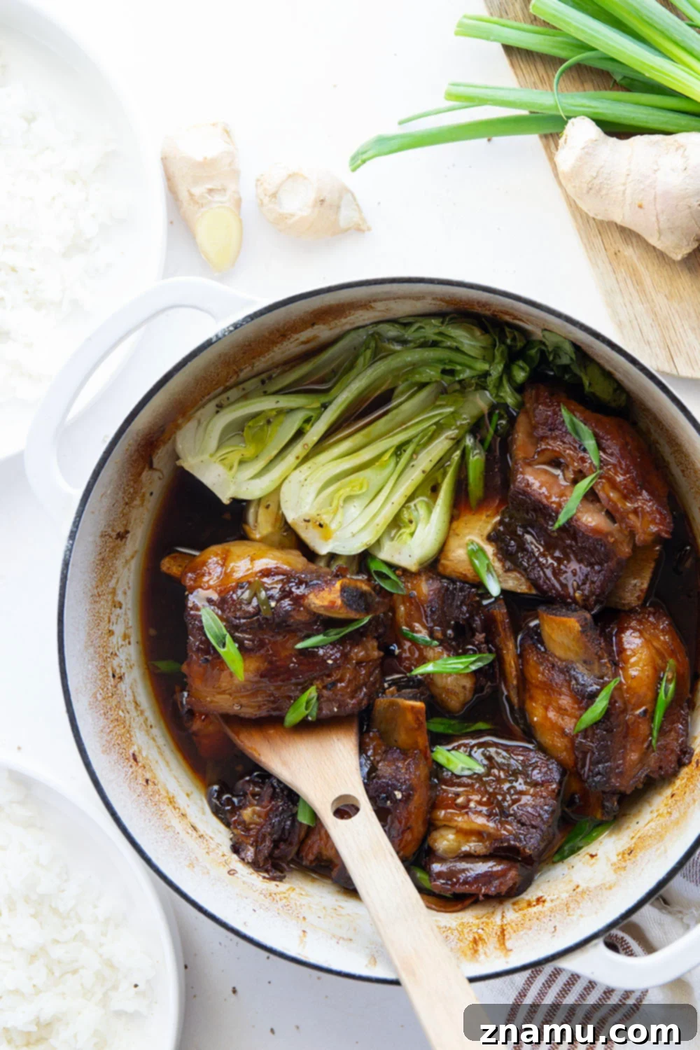 Ginger-Soy Infused Short Ribs 5 Close-up of short ribs and bok choy in sauce
