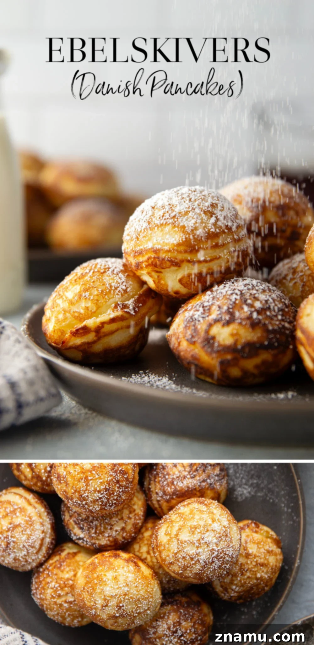 Danish Delights: Fluffy Pancake Balls 7 Perfectly cooked Ebelskivers piled high.