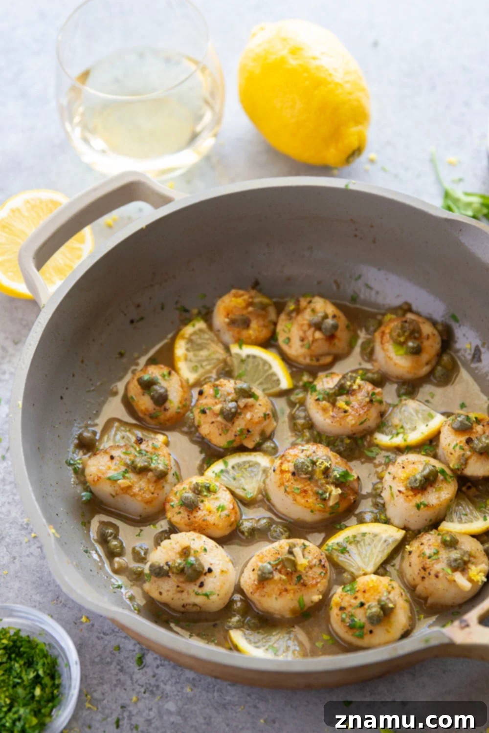 Lemon-Kissed Scallops with Caper Burst 3 Close-up of Seared Scallops with Lemon Caper Sauce