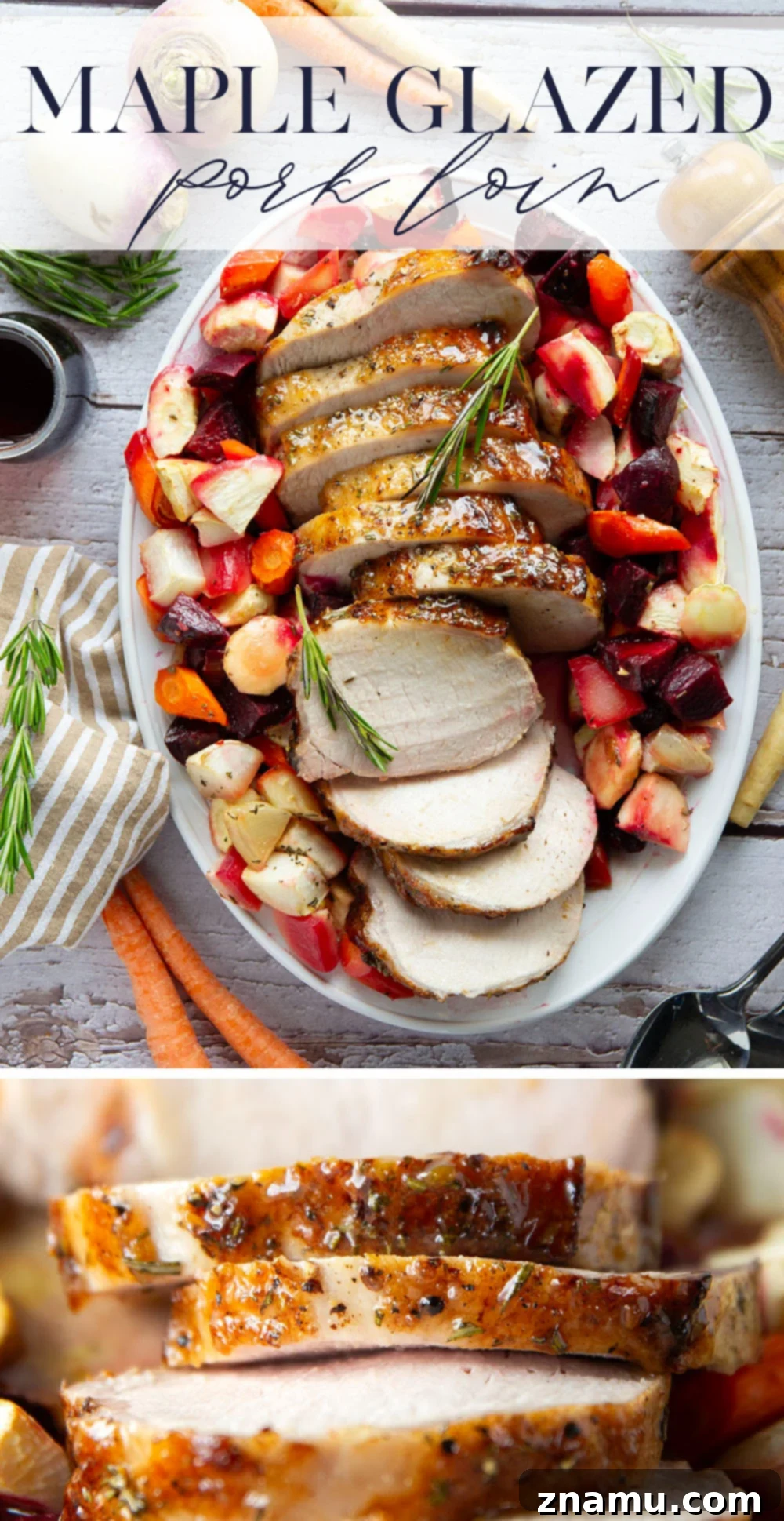 Maple-Glazed Pork Loin Roast with Roasted Root Vegetables 7 Maple Glazed Pork Loin Ready to Serve