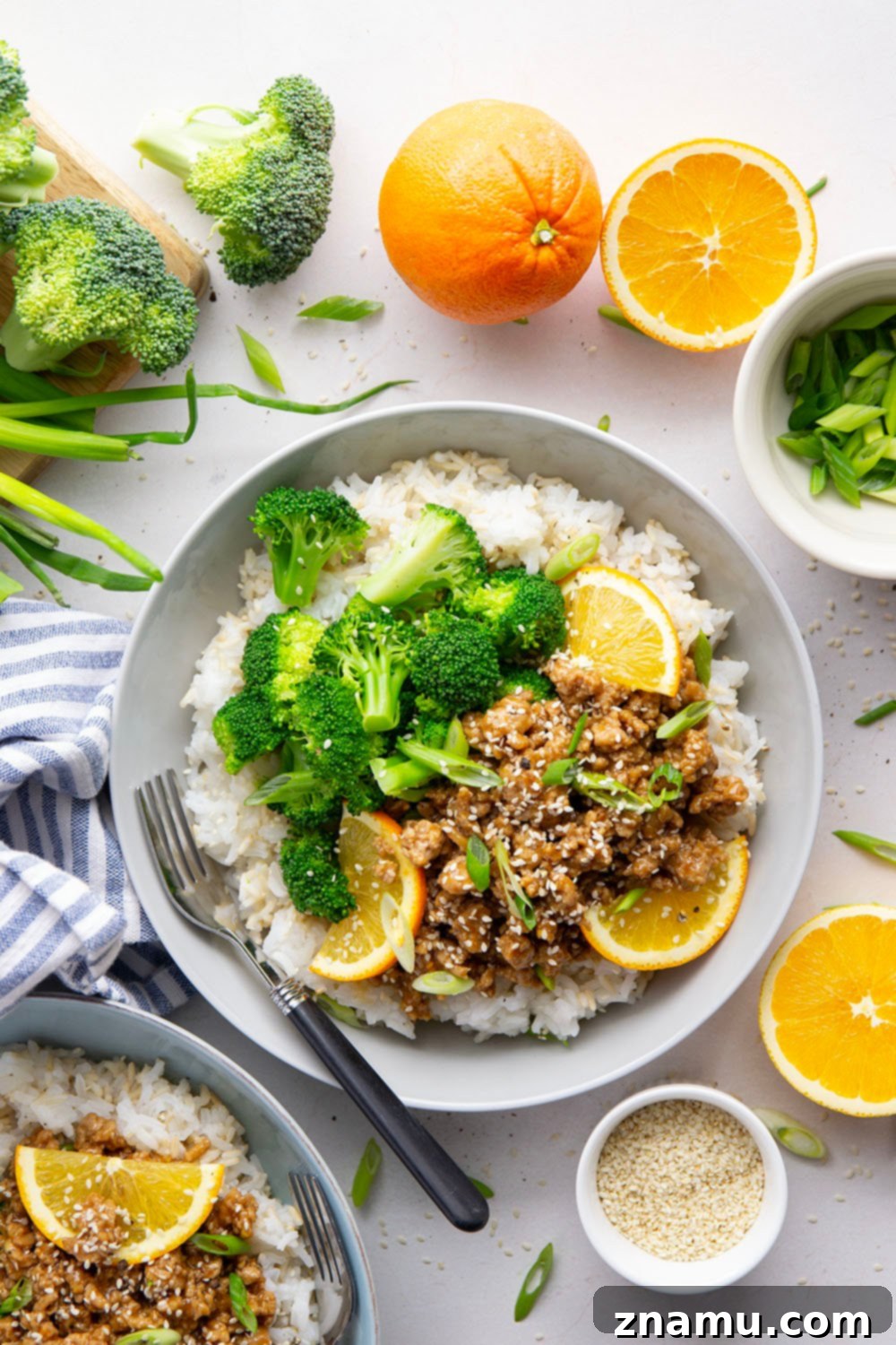 Orange-Kissed Chicken & Rice Bowls 2 Orange Ground Chicken Rice Bowls: A quick, healthy, and budget-friendly weeknight meal.