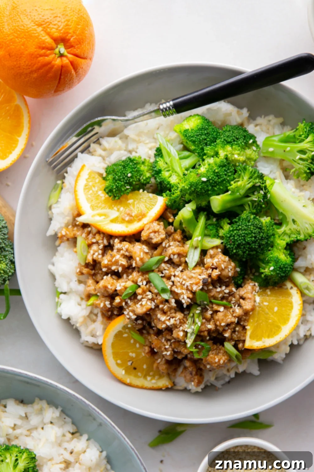 Orange-Kissed Chicken & Rice Bowls 6 Orange Ground Chicken Rice Bowls prepared in meal prep containers.