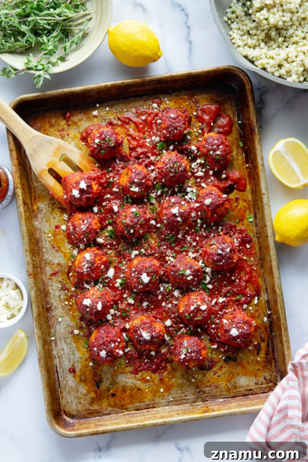 Harissa Chicken Meatballs on Zesty Lemon Herb Couscous 3 Delicious Harissa Chicken Meatball Bowls