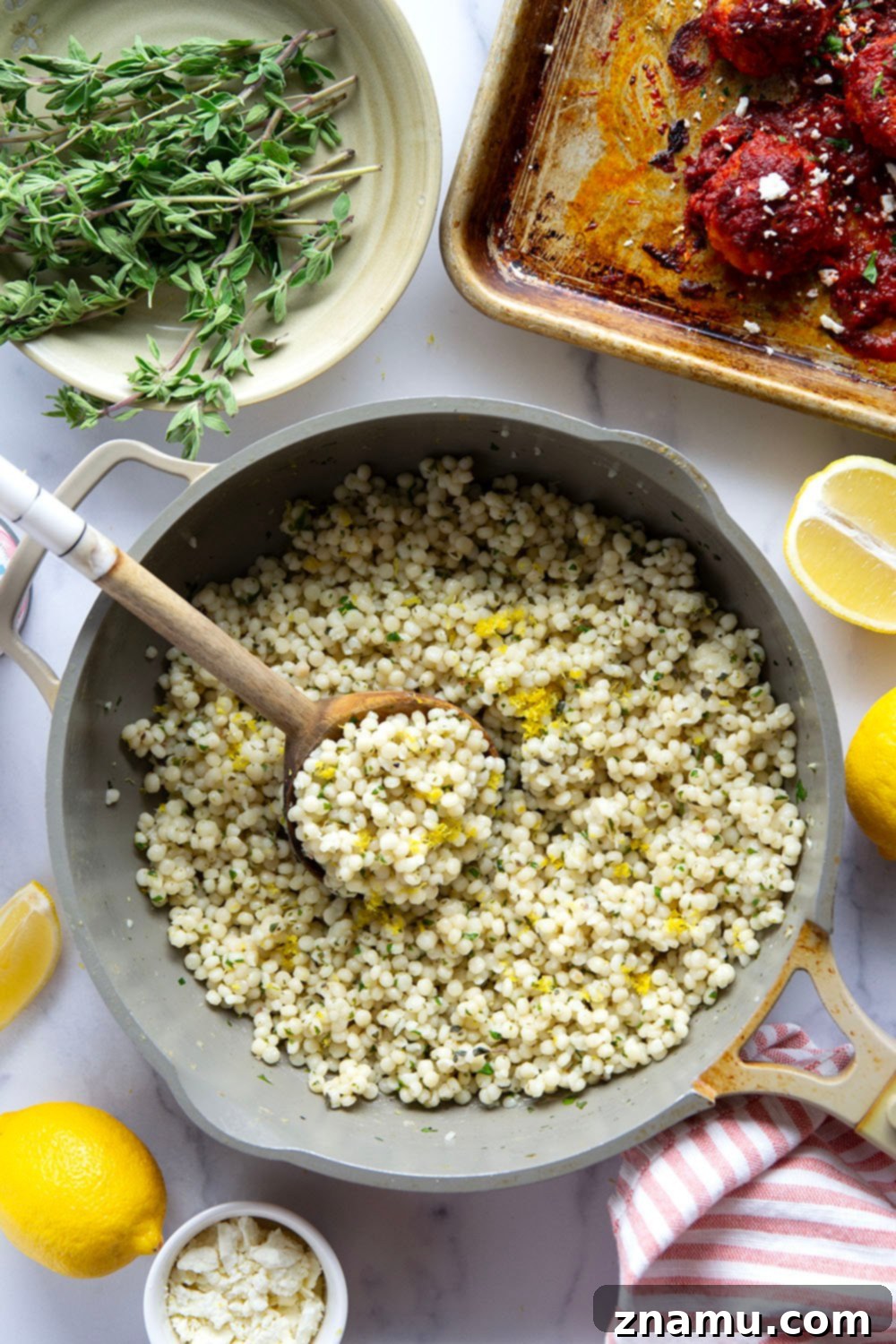 Harissa Chicken Meatballs on Zesty Lemon Herb Couscous 4 Close-up of Harissa Chicken Meatballs