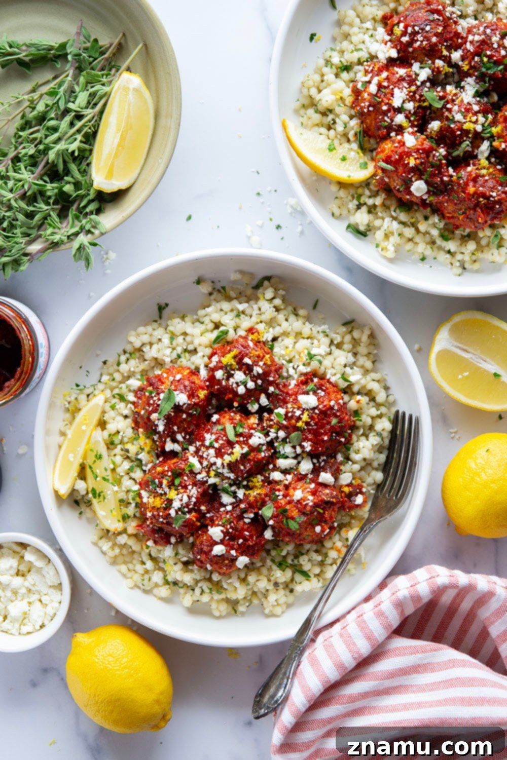 Harissa Chicken Meatballs on Zesty Lemon Herb Couscous 5 Ingredients for Harissa Chicken Meatballs