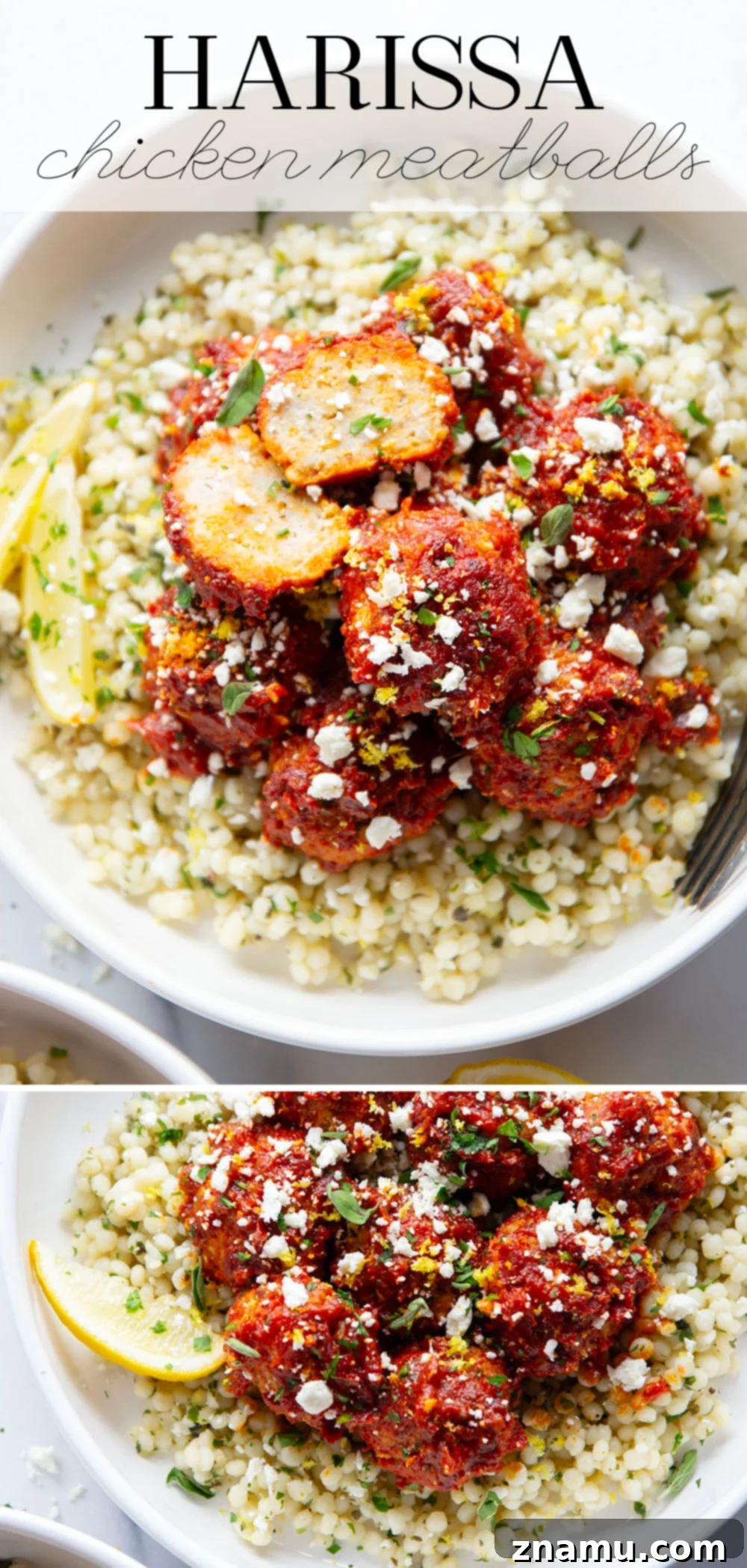 Harissa Chicken Meatballs on Zesty Lemon Herb Couscous 7 Harissa Chicken Meatballs and Couscous Ready to Eat