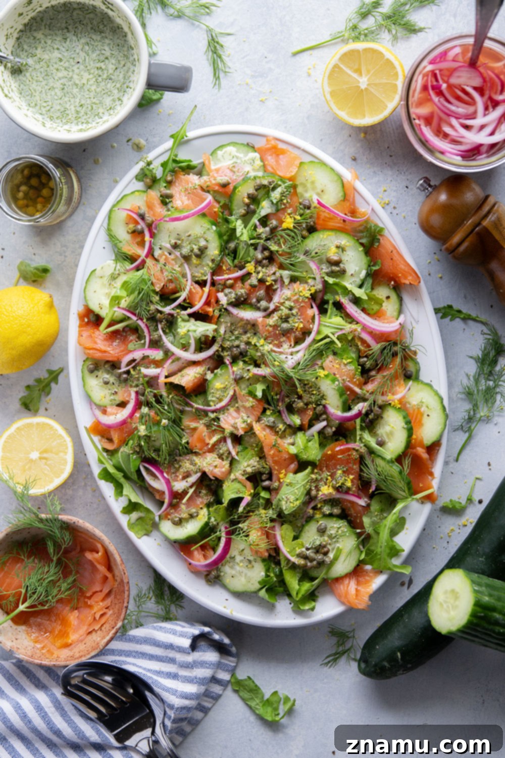 A vibrant bowl of Smoked Salmon Cucumber Salad, ready to be enjoyed.