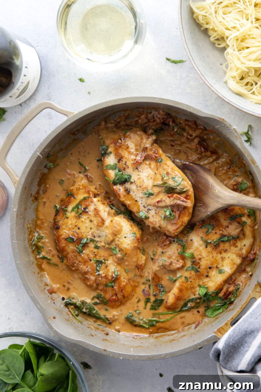 White Wine and Sun-Dried Tomato Chicken 2 Creamy White Wine Sun-Dried Tomato Chicken with Angel Hair Pasta