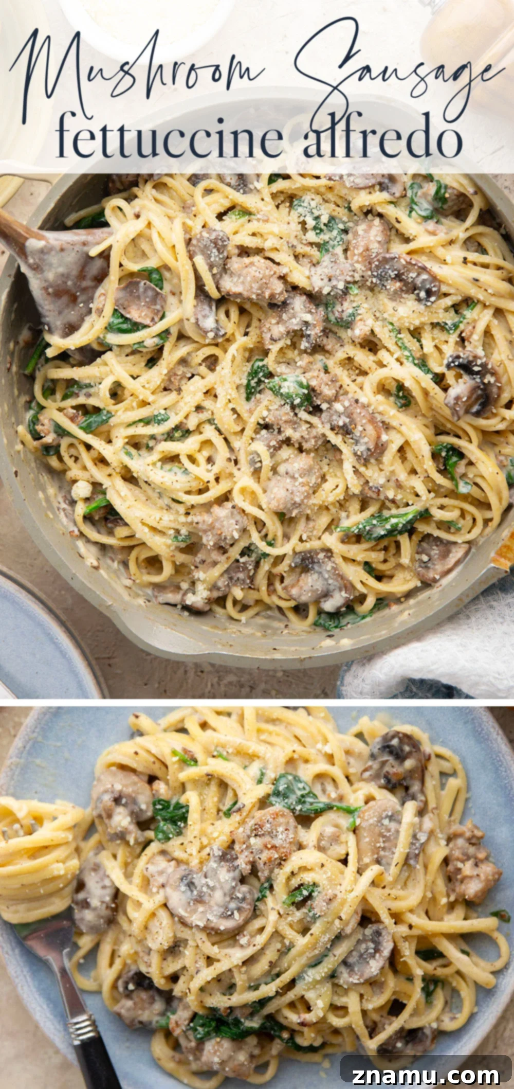 Mushroom & Sausage Fettuccine Alfredo Dream 7 Overhead shot of Mushroom Sausage Fettuccine Alfredo